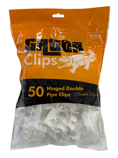Picture of Gator Hinged Double Pipe Clip 15mm - Pack of 50